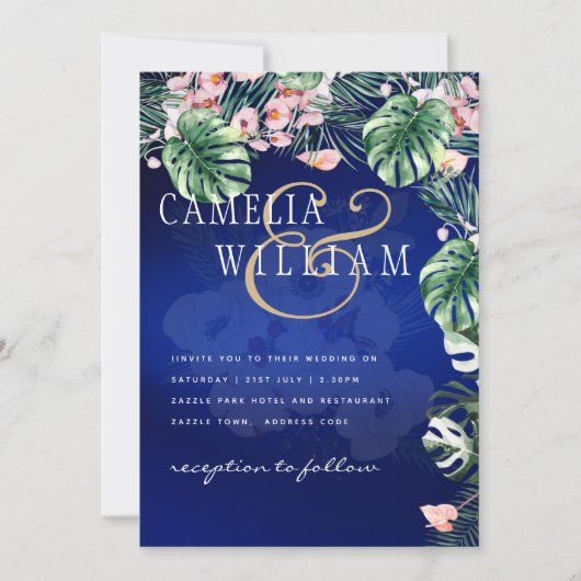 LeahG Tropisch Blauw Groen Roze Bloem Bruiloft Kaart (Voorkant)
