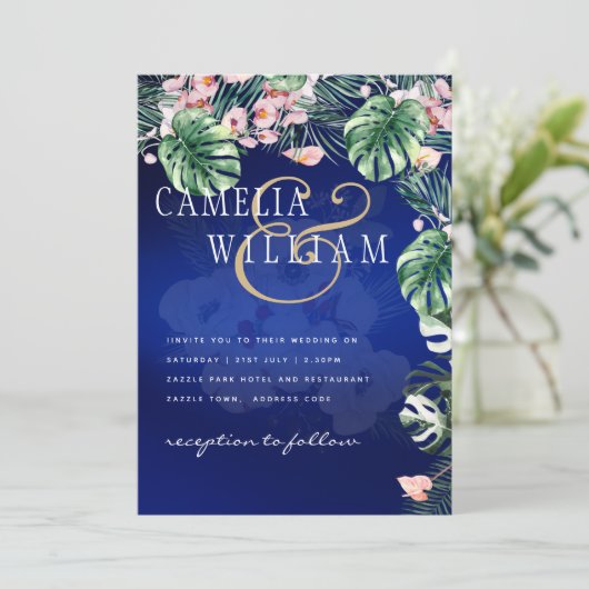 LeahG Tropisch Blauw Groen Roze Bloem Bruiloft Kaart (Staand voorkant)