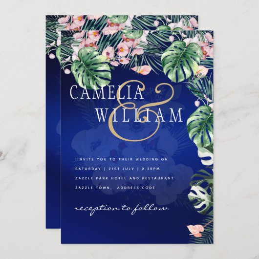 LeahG Tropisch Blauw Groen Roze Bloem Bruiloft Kaart (Voorkant / Achterkant)