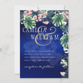 LeahG Tropisch Blauw Groen Roze Bloem Bruiloft Kaart
