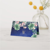LeahG Tropisch Blauw Groen Roze Bloem Bruiloft Plaatskaartje (Achterkant)