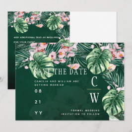 LeahG Tropisch Groen Roze Bloemig Blad Bruiloft Save The Date