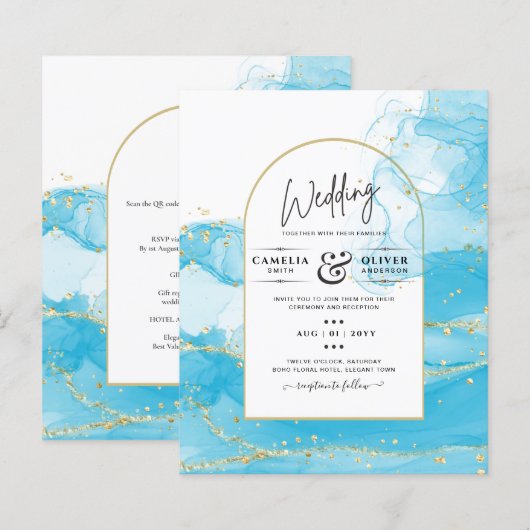 LeahG Turquoise Gold Aqua Blue Wedding INVITE (Voorkant / Achterkant)