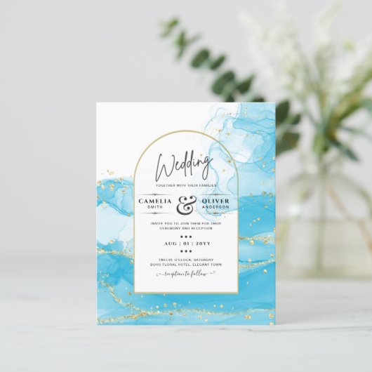 LeahG Turquoise Gold Aqua Blue Wedding INVITE (Staand voorkant)