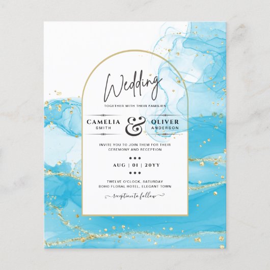 LeahG Turquoise Gold Aqua Blue Wedding INVITE (Voorkant)