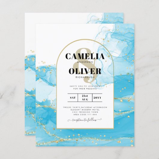 LeahG Turquoise Gold Aqua Blue Wedding INVITE (Voorkant / Achterkant)