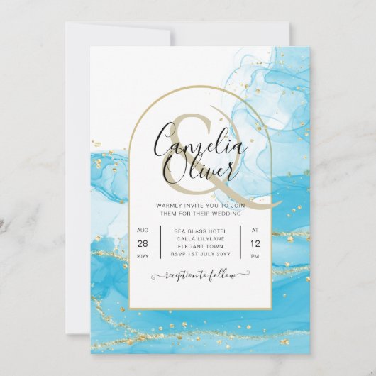 LeahG Turquoise Gold Aqua Blue Wedding INVITE Kaart (Voorkant)