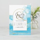 LeahG Turquoise Gold Aqua Blue Wedding INVITE Kaart (Staand voorkant)