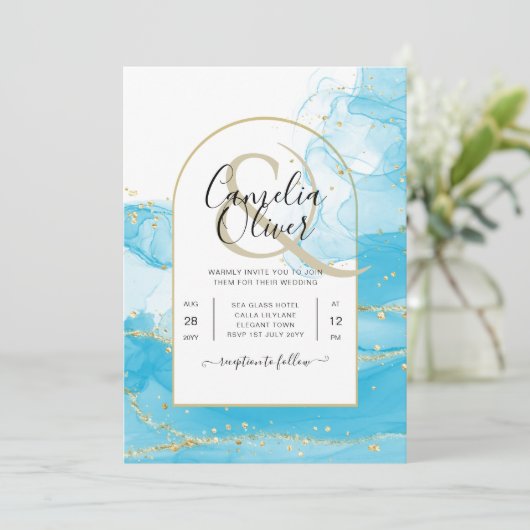 LeahG Turquoise Gold Aqua Blue Wedding INVITE Kaart (Staand voorkant)