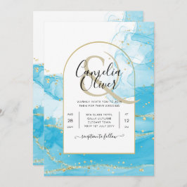 LeahG Turquoise Gold Aqua Blue Wedding INVITE Kaart