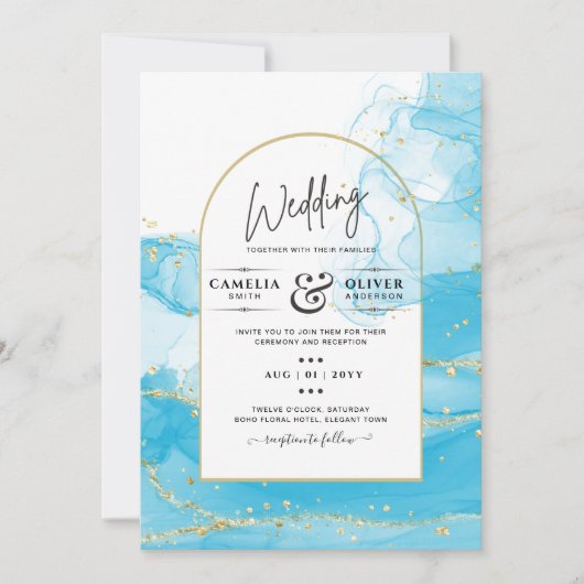 LeahG Turquoise Gold Aqua Blue Wedding INVITE Kaart (Voorkant)