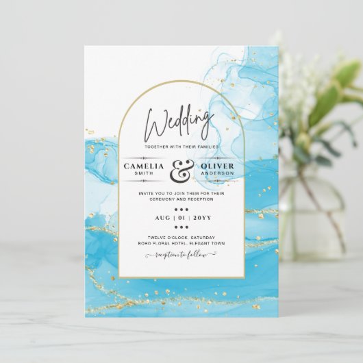 LeahG Turquoise Gold Aqua Blue Wedding INVITE Kaart (Staand voorkant)