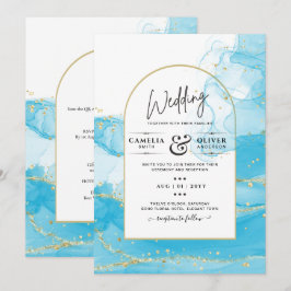 LeahG Turquoise Gold Aqua Blue Wedding INVITE Kaart
