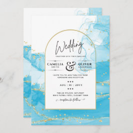 LeahG Turquoise Gold Aqua Blue Wedding INVITE Kaart
