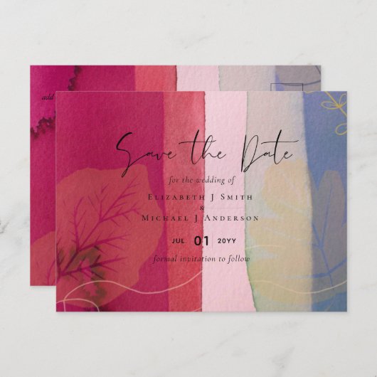 LeahG Waterverf Paars Blue Wedding Save Dates Briefkaart (Voorkant / Achterkant)