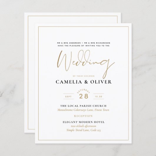LeahG White Gold Classic Typography Wedding Invite (Voorkant / Achterkant)