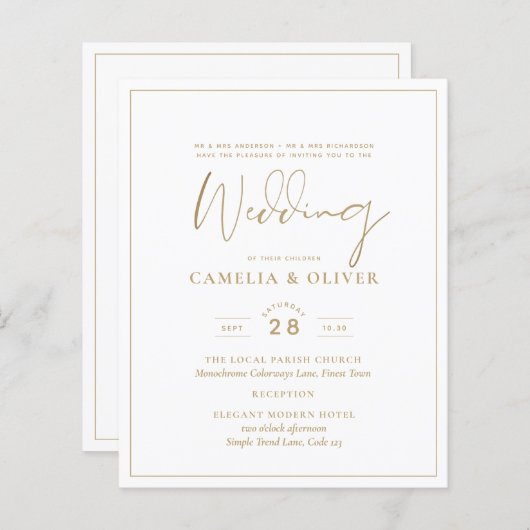 LeahG White Gold Classic Typography Wedding Invite (Voorkant / Achterkant)