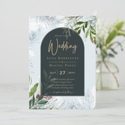 LeahG Winter Huwelijk Uitnodiging Aqua Blauw Groen (Staand voorkant)