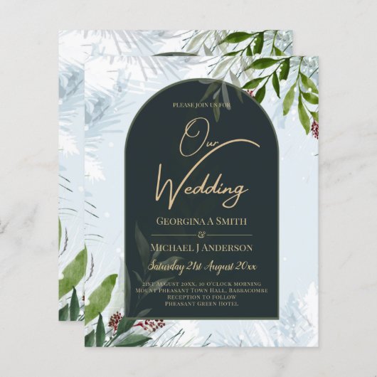 LeahG Winter Wedding Aqua Blue Green INVITE (Voorkant / Achterkant)
