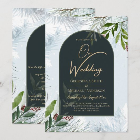 LeahG Winter Wedding Aqua Blue Green INVITE Kaart (Voorkant / Achterkant)