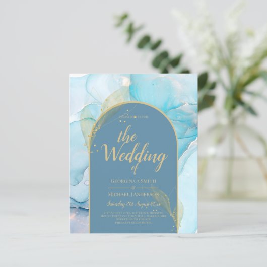 LeahG Zee Glas Goud Inkt Aqua Blauwe Trouw UITNODI (Staand voorkant)