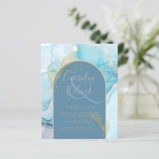 LeahG Zee Glas Goud Inkt Aqua Blauwe Trouw UITNODI (Staand voorkant)