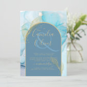 LeahG Zee Glas Goud Inkt Aqua Blauwe Trouw UITNODI Kaart (Staand voorkant)