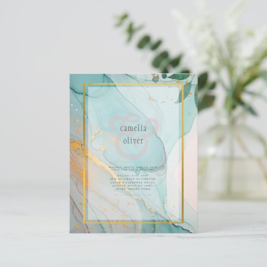 LeahG Zee Glas Teal Goud INK Trouw UITNODIGING (Staand voorkant)