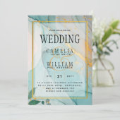 LeahG Zee Glas Teal Goud INK Trouw UITNODIGING (Staand voorkant)