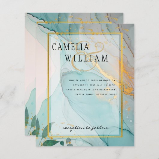 LeahG Zee Glas Teal Goud INK Trouw UITNODIGING (Voorkant / Achterkant)