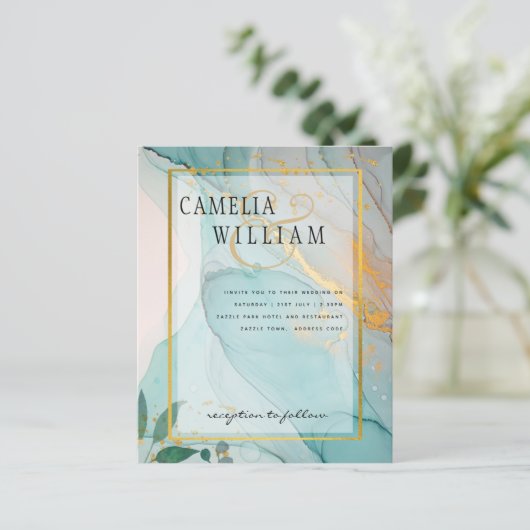 LeahG Zee Glas Teal Goud INK Trouw UITNODIGING (Staand voorkant)