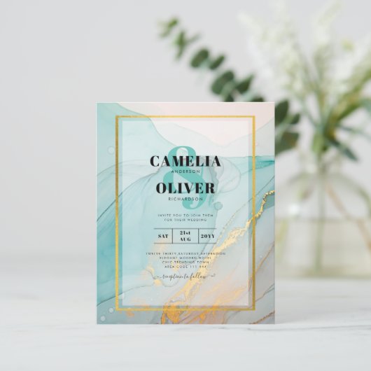 LeahG Zee Glas Turkoois Goud INK Trouw UITNODIGING (Staand voorkant)