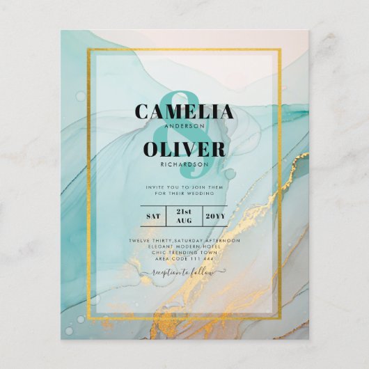 LeahG Zee Glas Turkoois Goud INK Trouw UITNODIGING (Voorkant)