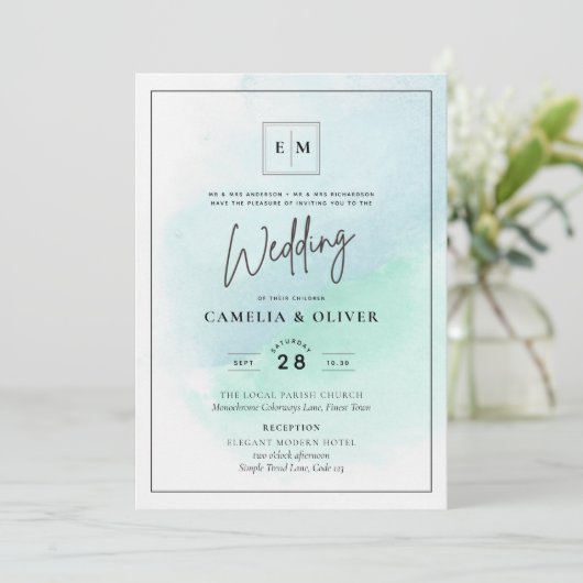 LeahG Zee Glas Turquoise Teal Blauwe Trouw UITNODI Kaart (Staand voorkant)