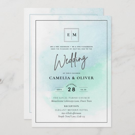 LeahG Zee Glas Turquoise Teal Blauwe Trouw UITNODI Kaart (Voorkant / Achterkant)