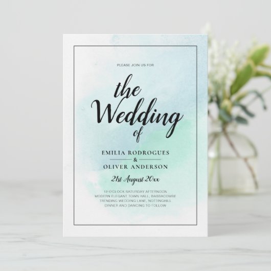 LeahG Zee Glas Turquoise Teal Blauwe Trouw UITNODI Kaart (Staand voorkant)