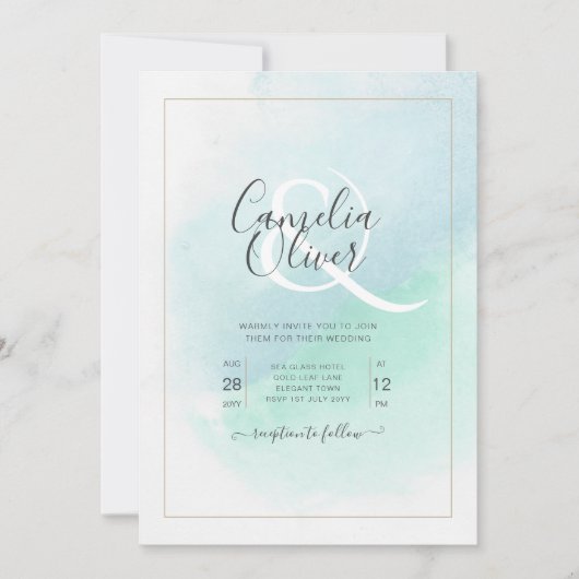 LeahG Zee Glas Turquoise Teal Blauwe Trouw UITNODI Kaart (Voorkant)
