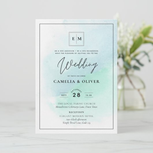 LeahG Zee Glas Turquoise Teal Blauwe Trouw UITNODI Kaart (Staand voorkant)