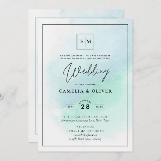 LeahG Zee Glas Turquoise Teal Blauwe Trouw UITNODI Kaart (Voorkant / Achterkant)