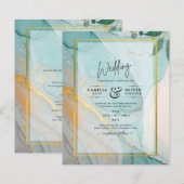 LeahG Zee Glass Blauwgroen Gold INK Wedding INVITE (Voorkant / Achterkant)