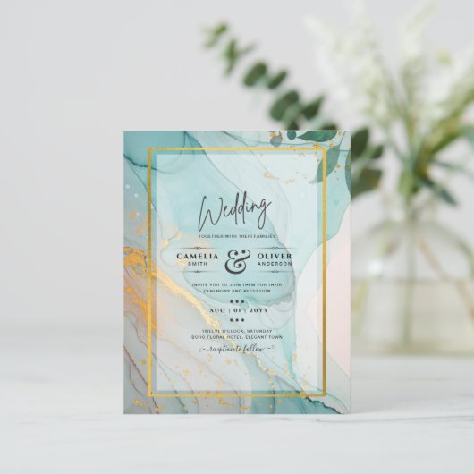LeahG Zee Glass Blauwgroen Gold INK Wedding INVITE (Staand voorkant)