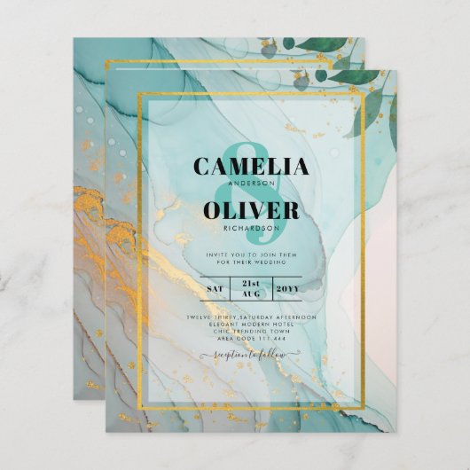 LeahG Zee Glass Blauwgroen Gold INK Wedding INVITE (Voorkant / Achterkant)