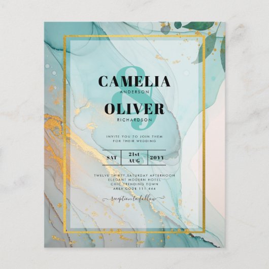 LeahG Zee Glass Blauwgroen Gold INK Wedding INVITE (Voorkant)