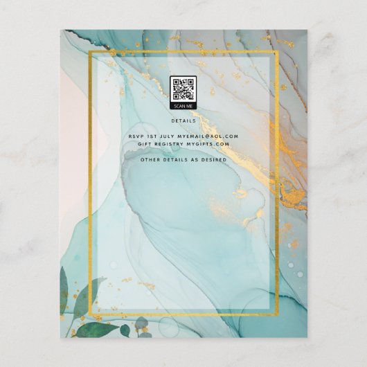 LeahG Zee Glass Blauwgroen Gold INK Wedding INVITE (Achterkant)