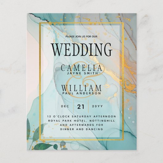 LeahG Zee Glass Blauwgroen Gold INK Wedding INVITE (Voorkant)