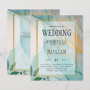 LeahG Zee Glass Blauwgroen Gold INK Wedding INVITE
