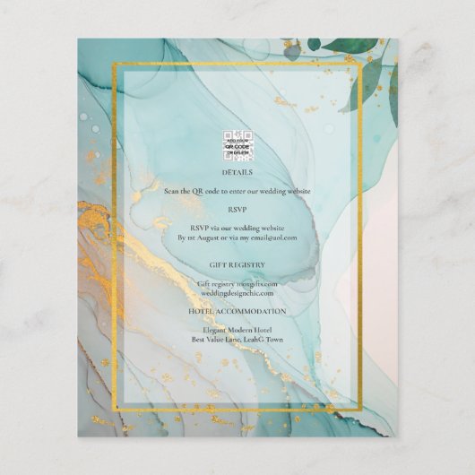 LeahG Zee Glass Blauwgroen Gold INK Wedding INVITE (Achterkant)