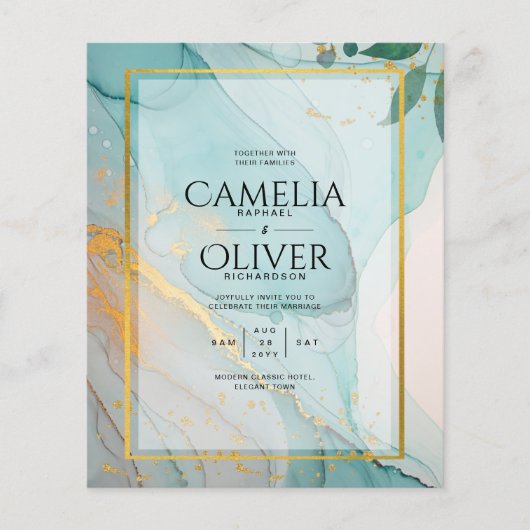 LeahG Zee Glass Blauwgroen Gold INK Wedding INVITE (Voorkant)