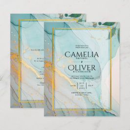 LeahG Zee Glass Blauwgroen Gold INK Wedding INVITE