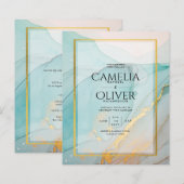LeahG Zee Glass Blauwgroen Gold INK Wedding INVITE (Voorkant / Achterkant)